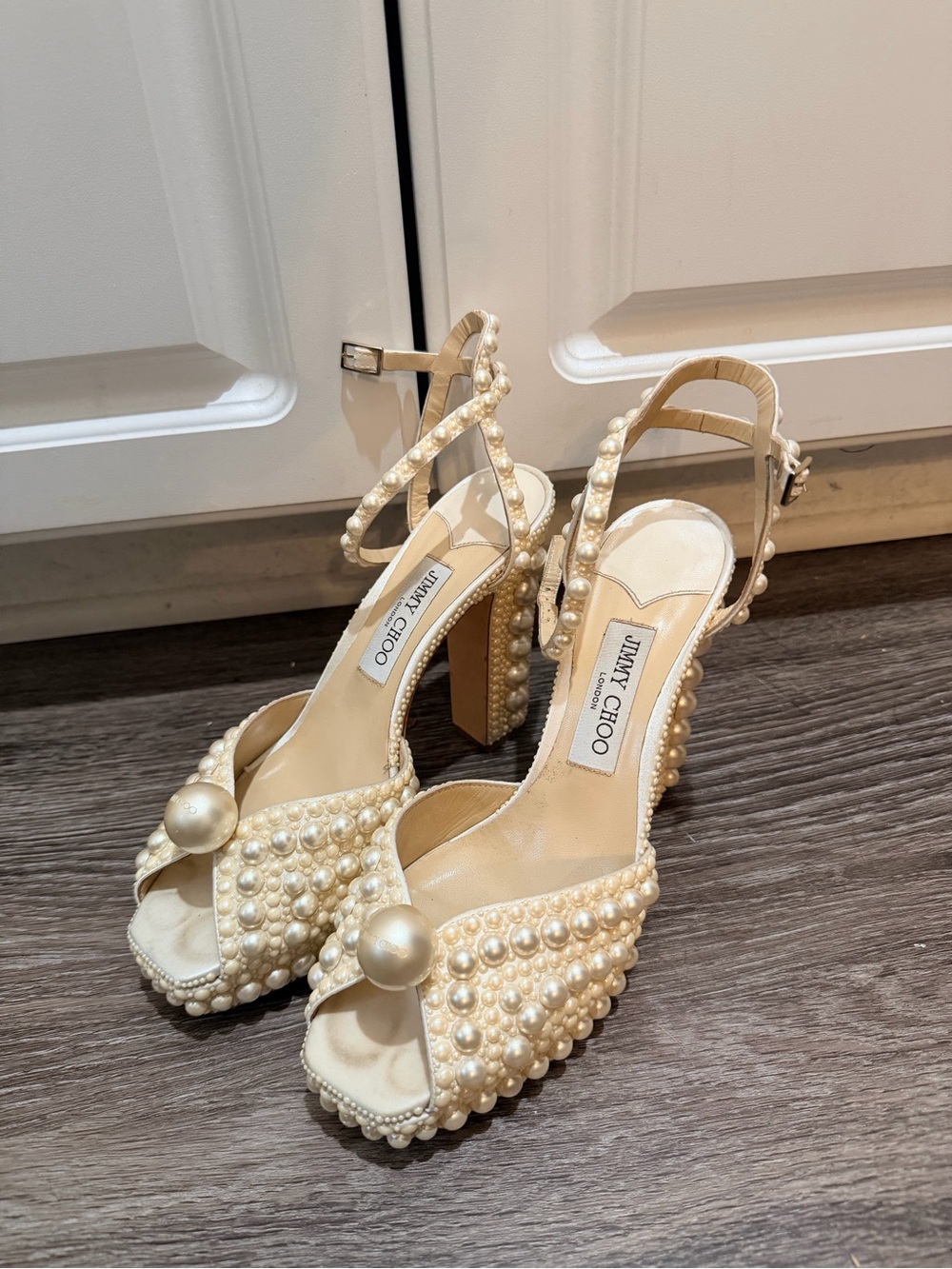 Jimmy Choo Ivory Pearl-Embellished Platform Slingback Heels